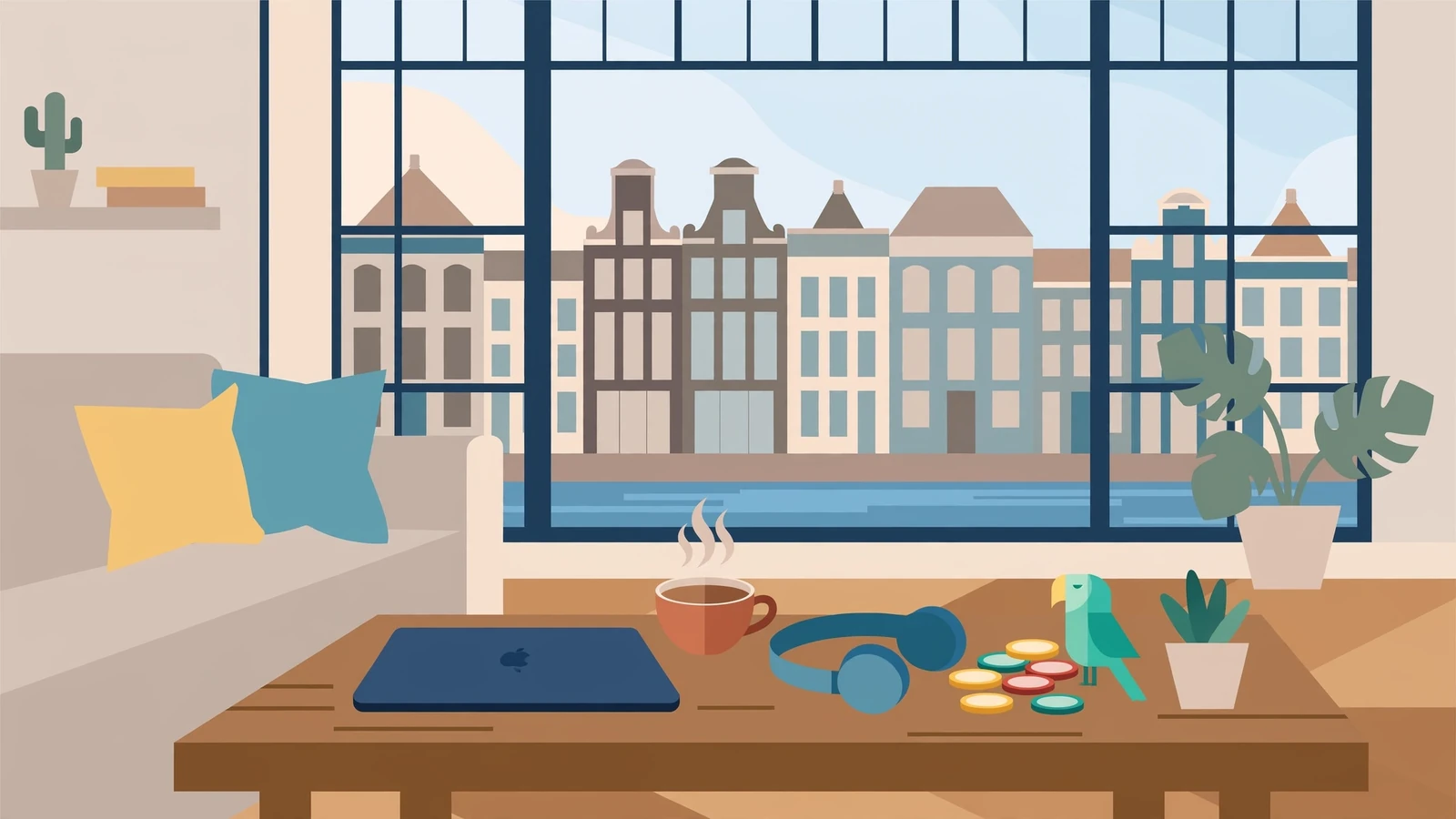 Nederlandse huiskamer met koffie, laptop en casinofiches op tafel