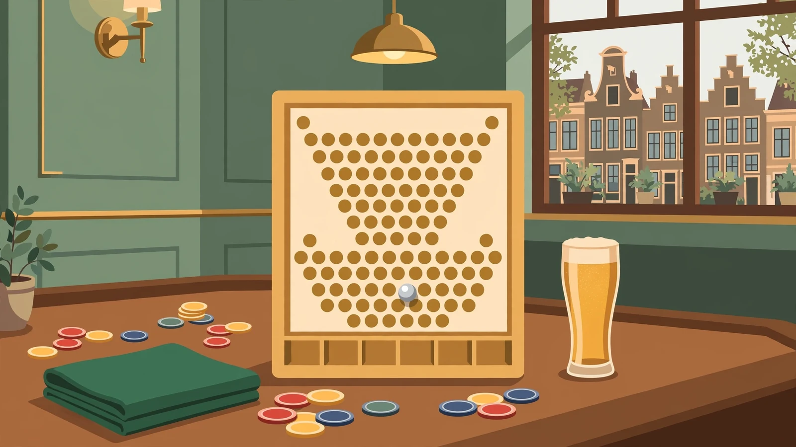 Plinko-bord met chip en fiches in een Nederlands casinolounge