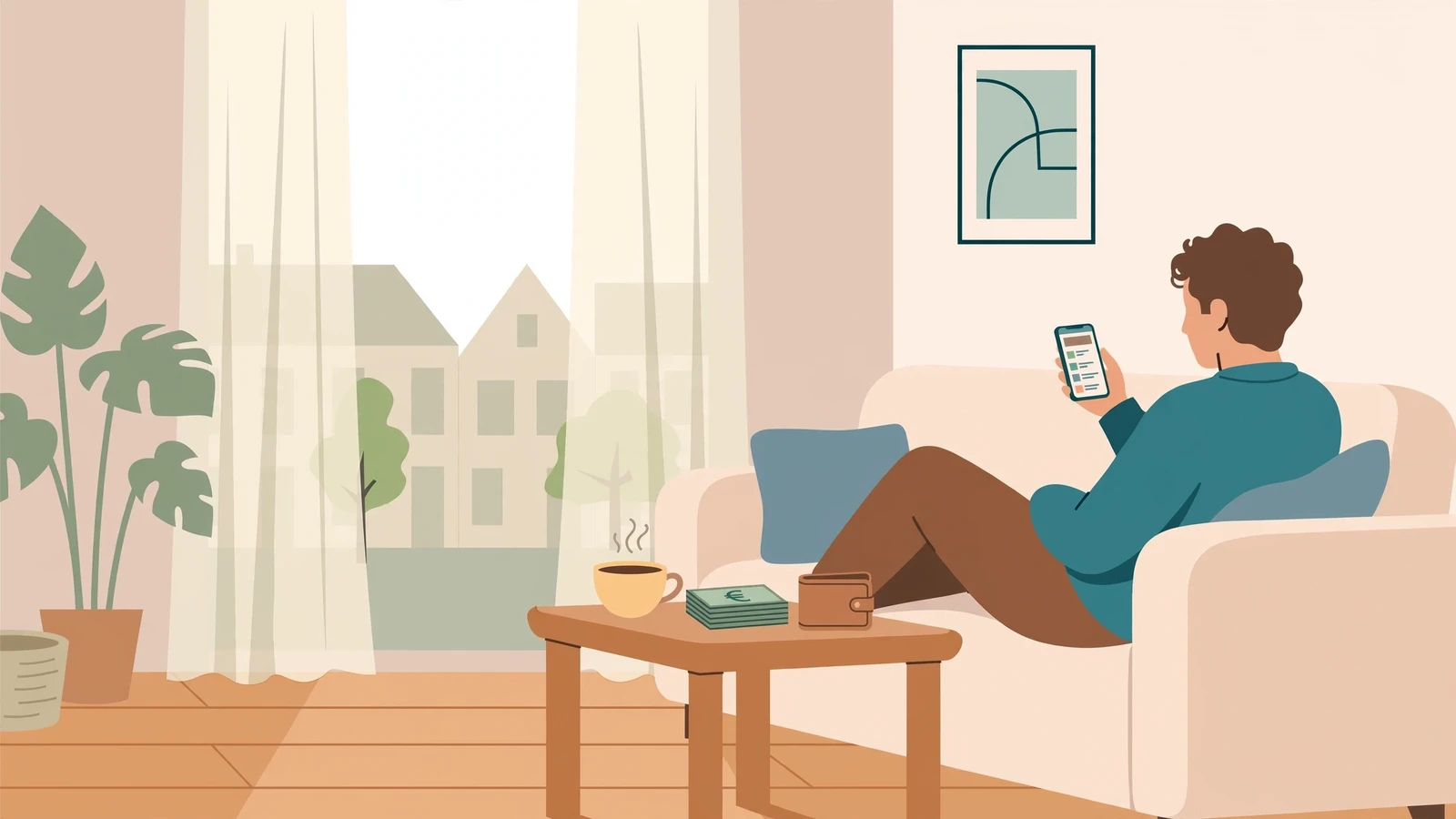 Persoon op bank met telefoon en euromunten naast portemonnee in modern Nederlands interieur
