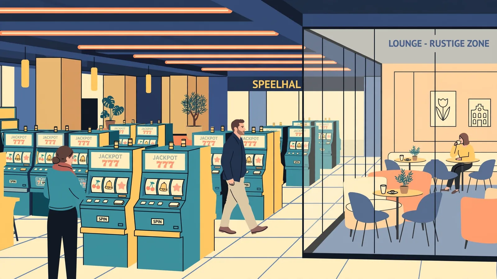 Interieur van een Nederlandse speelhal met speelautomaten en neonverlichting.