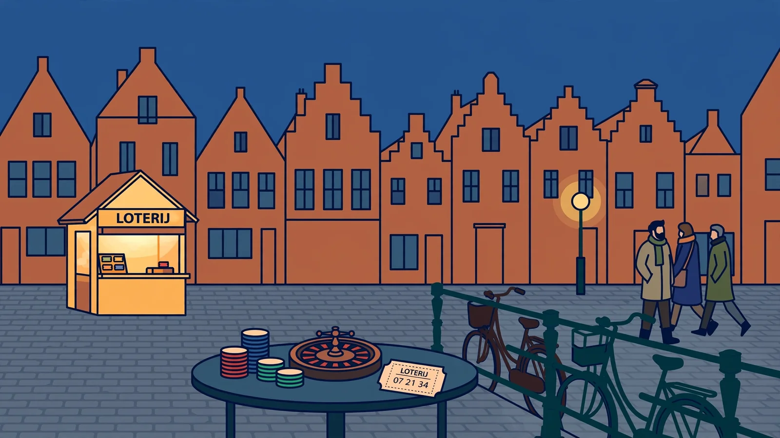 Nederlands stadsplein met loterijkiosk, roulettewiel en speelchips op een terras