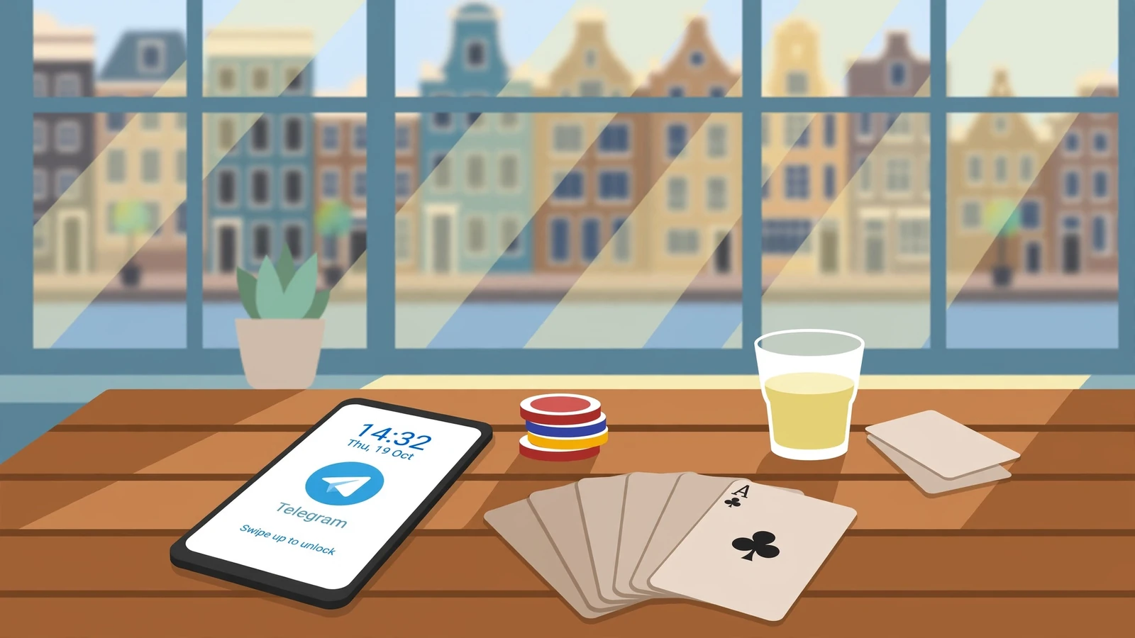 Telefoon met Telegram-icoon naast kaarten en fiches op een Amsterdams cafétafeltje.
