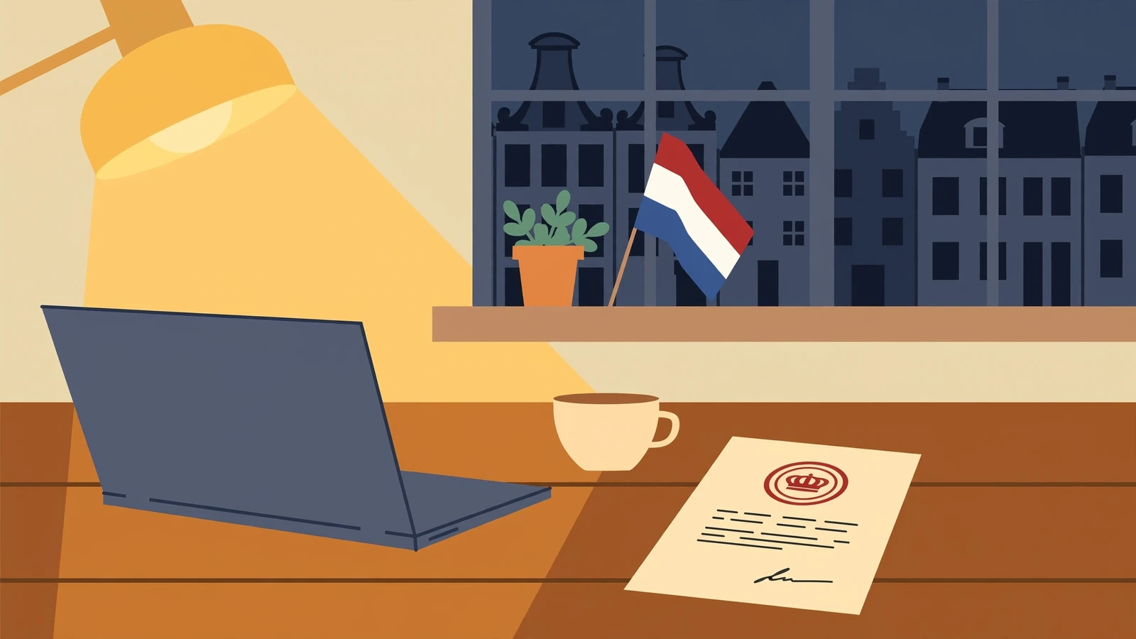 Avondkantoor met gesloten laptop, koffiekopje en gecontroleerd document bij warm lamplicht