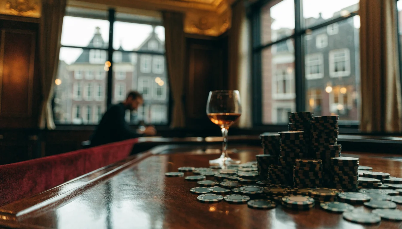 Elegant Nederlands casino lounge met chipleer en exclusieve sfeer